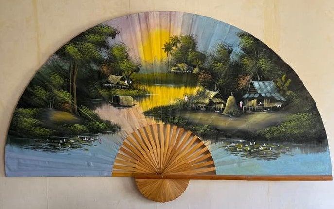Grote handgeschilderde waaier met landschap, Antiek en Kunst, Kunst | Schilderijen | Klassiek, Ophalen, Realistisch, Overige ondergronden