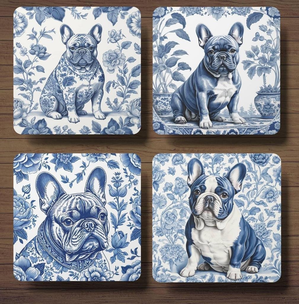 Franse Bulldog Delfts Blauw onderzetters met houder, Ophalen of Verzenden, Nieuw