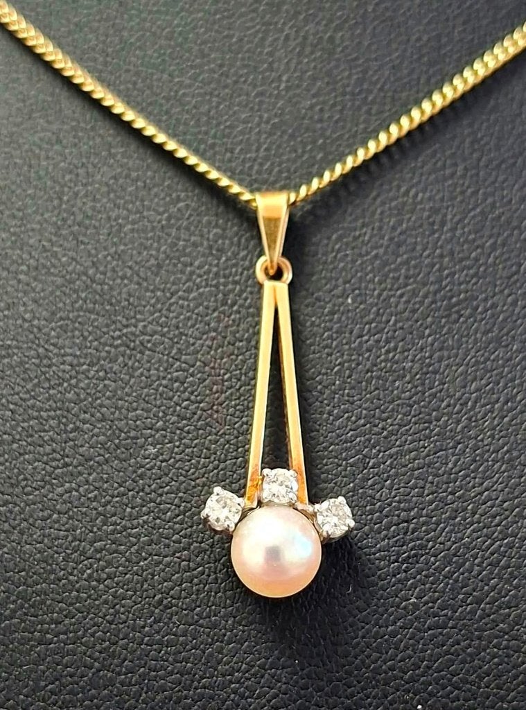 Schitterende 14-Kt Goud Akoya Parel & Diamanten Hanger, Ophalen of Verzenden, Goud, Hanger, Met edelsteen
