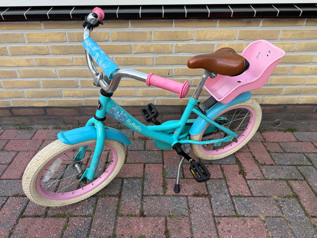 Nogan Butterfly Kinderfiets 16 inch met achterzitje, Fietsen en Brommers, Fietsen | Kinderfietsjes, Ophalen of Verzenden, Gebruikt