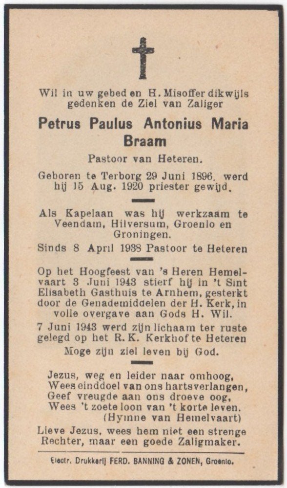 pastoor Petrus P.A. Braam 1896 Terborg + 1943 Arnhem, 46 jr, Verzamelen, Ophalen of Verzenden