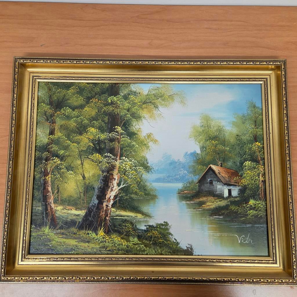 Schilderij met landschap en huisje, gesigneerd Victor, Antiek en Kunst, Kunst | Schilderijen | Klassiek, Ophalen of Verzenden