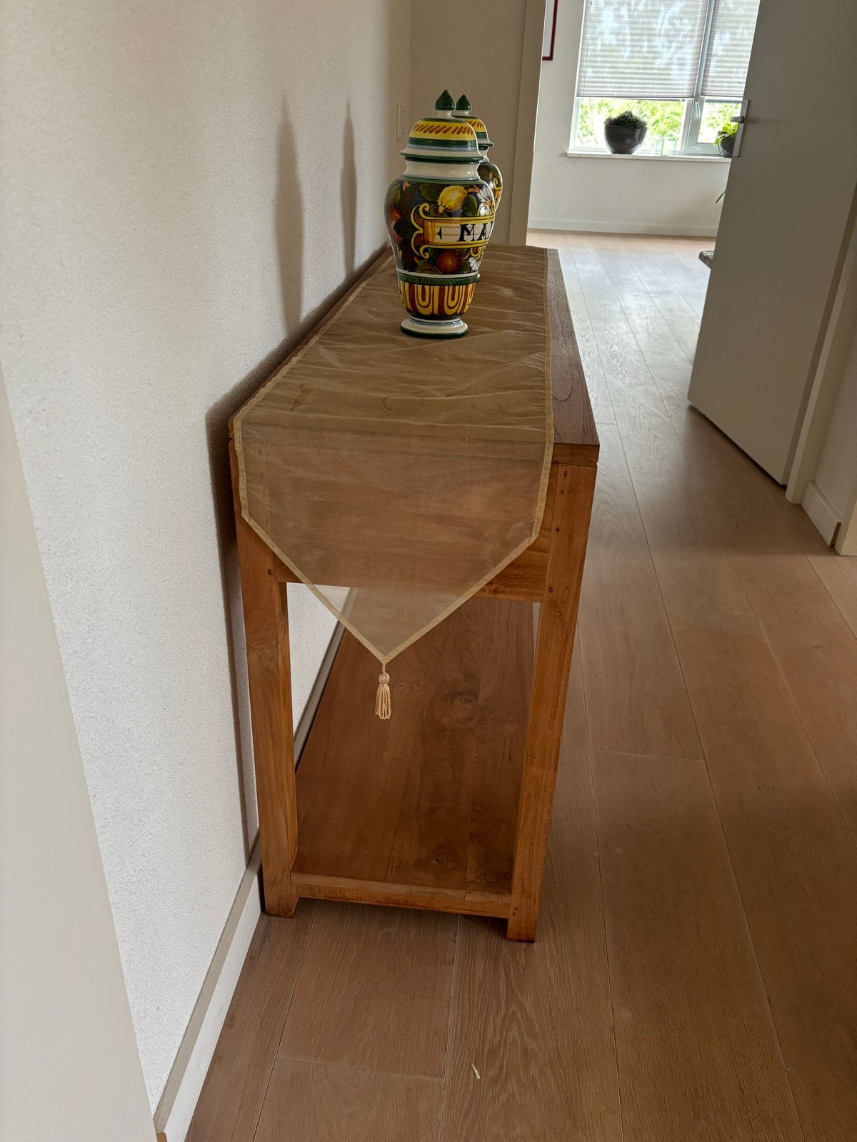 Houten sidetable met lades en opbergplank, Ophalen, Gebruikt, 100 tot 150 cm, Overige houtsoorten