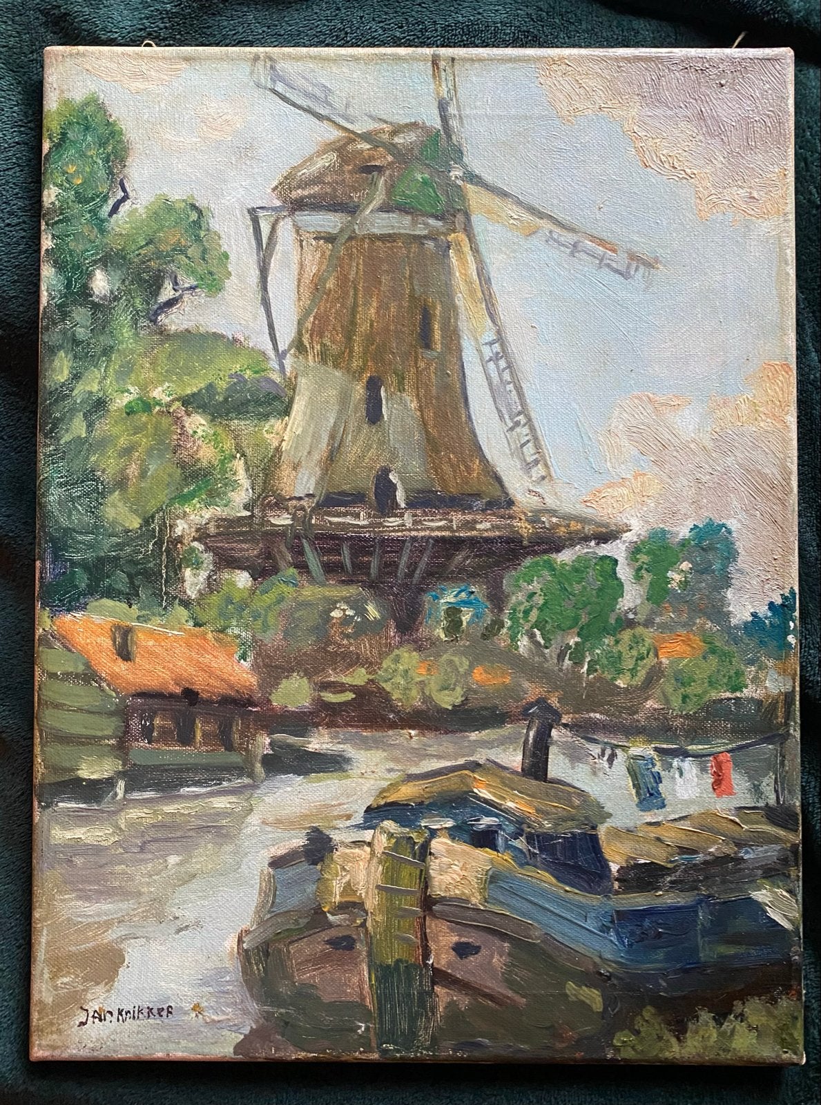 Olieverfschilderij Jan Knikker Molen Water Schip schilderij, Antiek en Kunst, Impressionistisch, Gesigneerd, Landschap, Olieverf