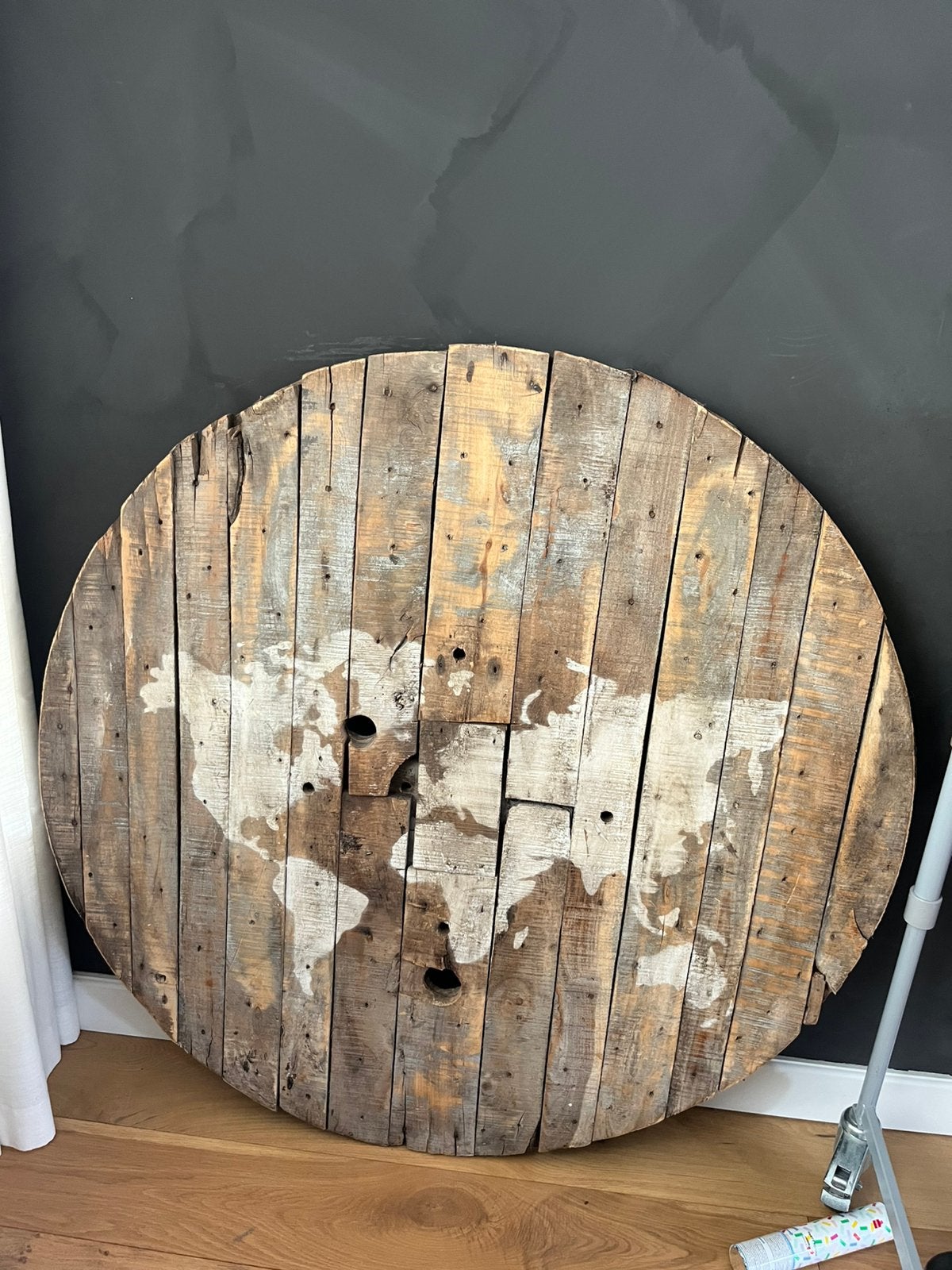 Decoratie landkaart kabelhaspel stoer, Ophalen, Zo goed als nieuw, Rond, Hout