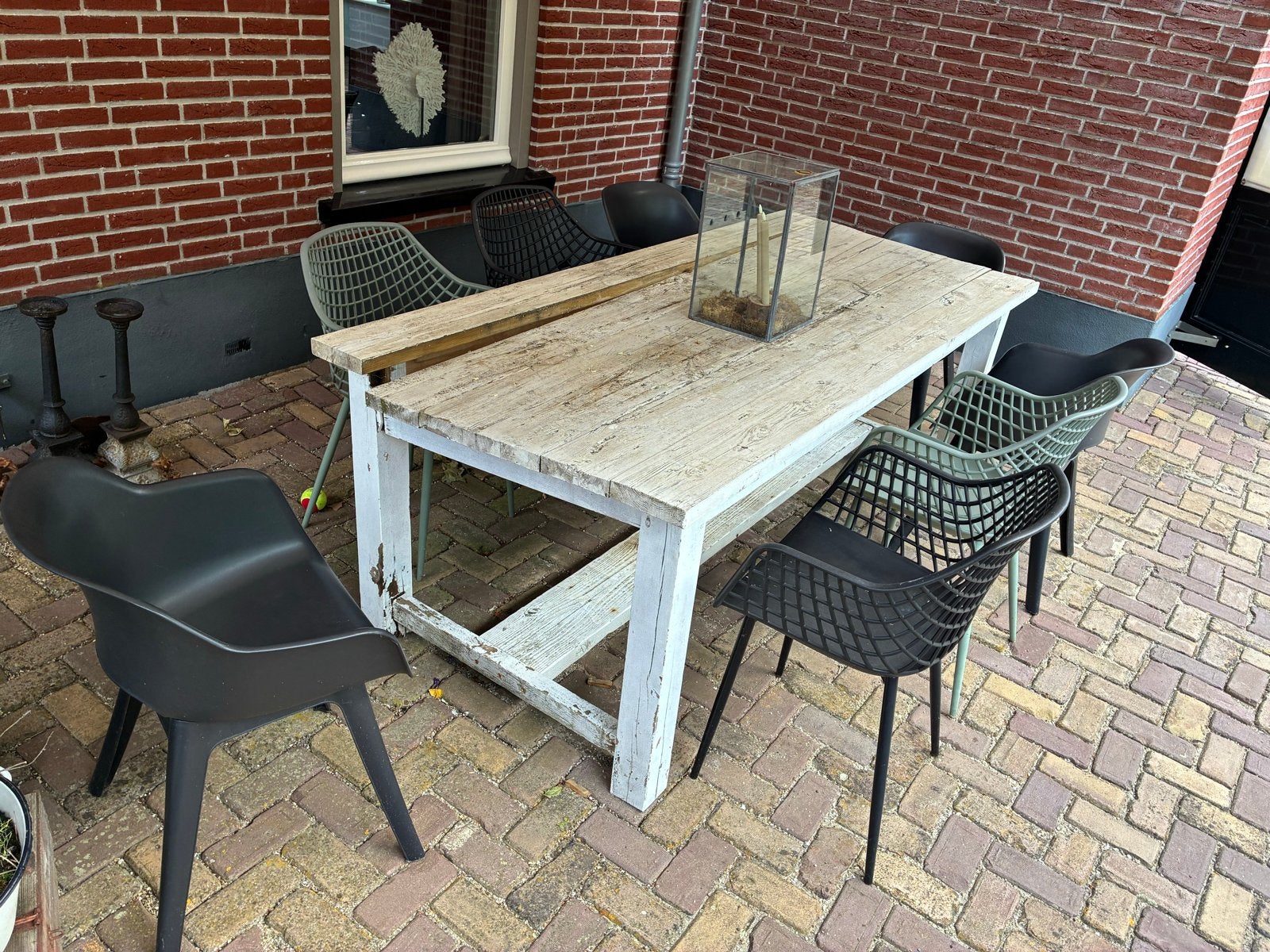 Tuinset met 8 kunstof kwantum stoelen en gratis tafel, Ophalen, Kunststof, Gebruikt, Zwart