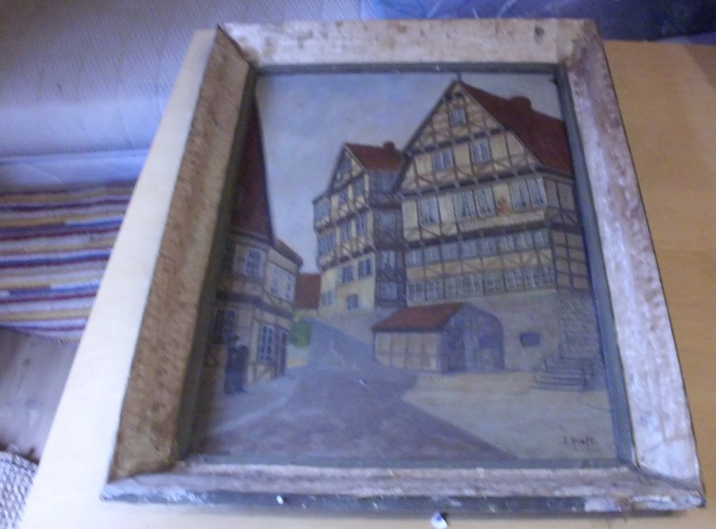 Olieverf, Vakwerk huizen , met signatuur., Antiek en Kunst, Kunst | Schilderijen | Klassiek, Paneel, Origineel werk, Impressionistisch
