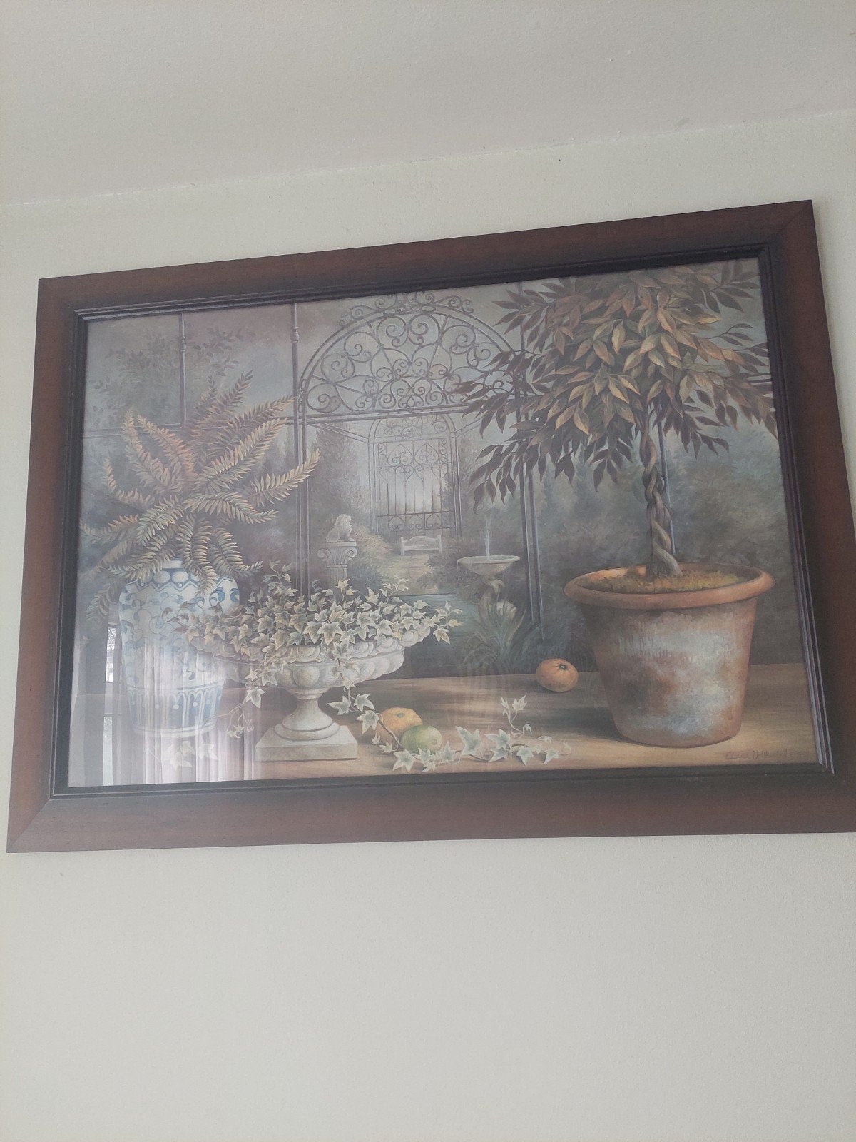 Sfeervol schilderij: Tuinscène met planten en poort, Ophalen