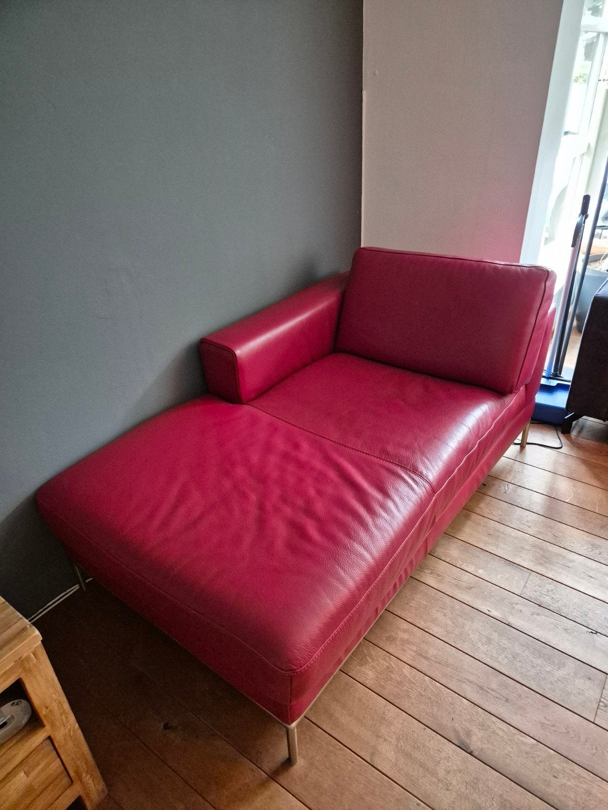 Rode leren chaise longue, Ophalen, Eenpersoons, Leer, Zo goed als nieuw