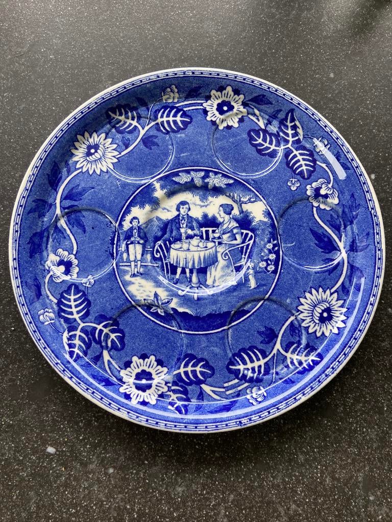 Blauw Teadrinker bord voor eierdopjes Societe Ceramique gaaf, Ophalen of Verzenden