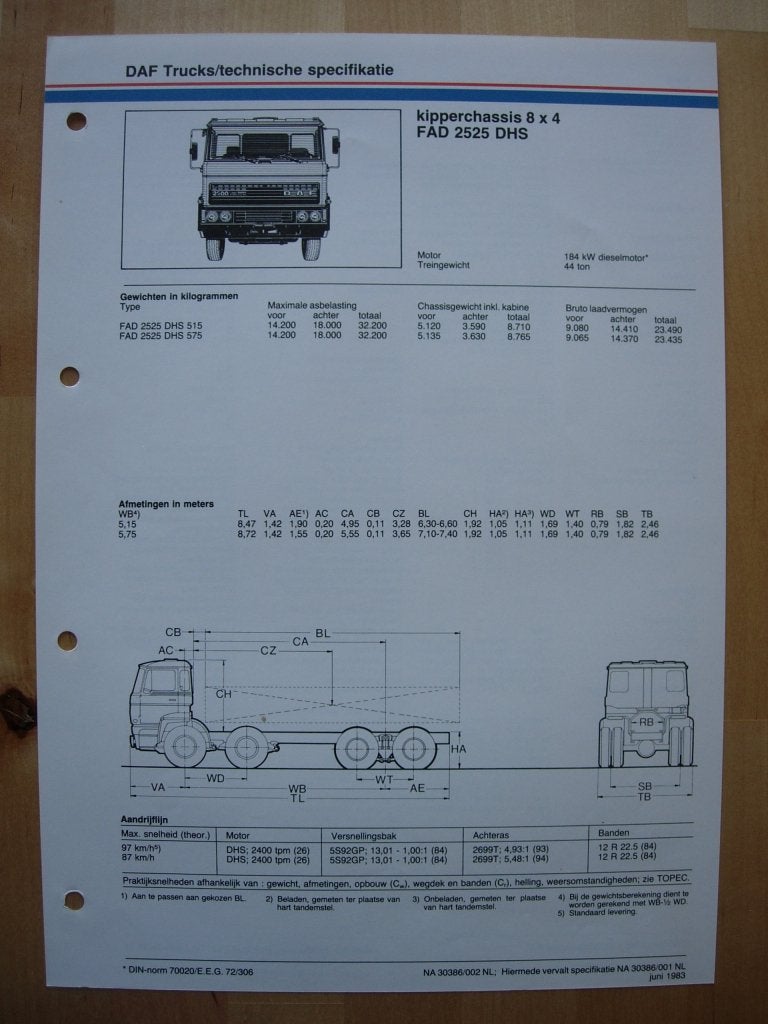 DAF FAD 2500 DHS Technische Specificatie Folder 1983 – 8x4, Ophalen of Verzenden, Zo goed als nieuw, Overige merken, DAF