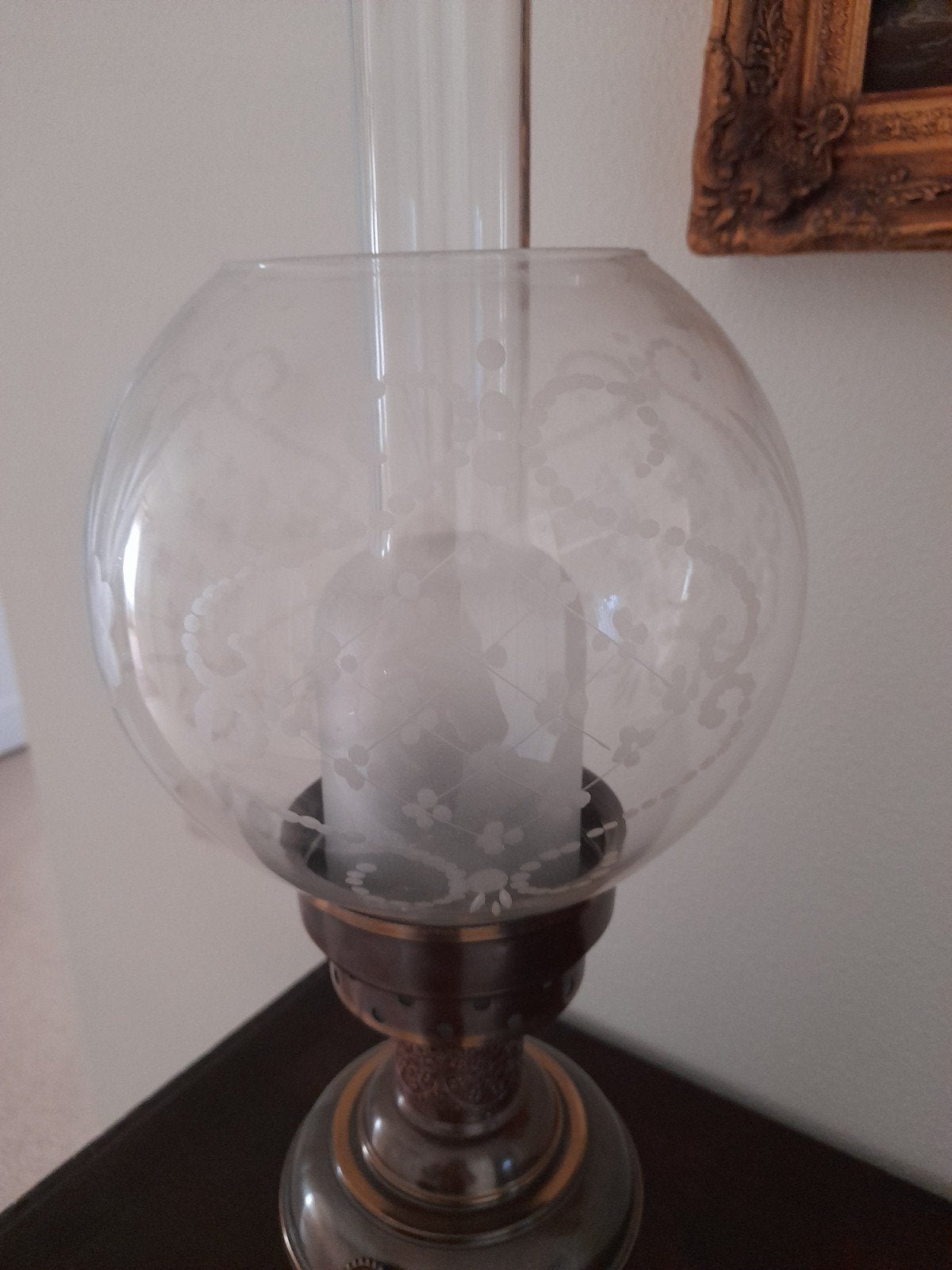 Antieke olielamp met geëtst glas - 60cm hoog, Antiek en Kunst, Ophalen