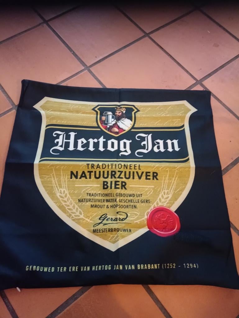 Kussensloop Hertog Jan, reclamebord tekstborden metaal, Ophalen of Verzenden, Zo goed als nieuw, Reclamebord, Plaat of Schild