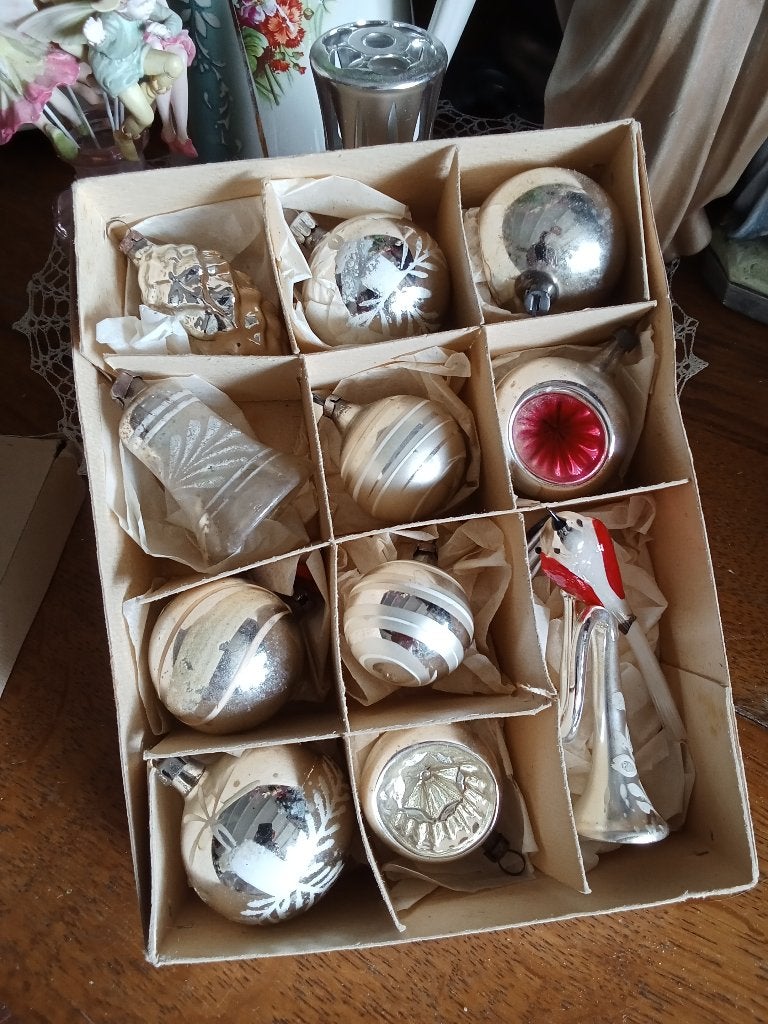 doos 3 antieke-oude kerstballen , alles glas, Ophalen of Verzenden