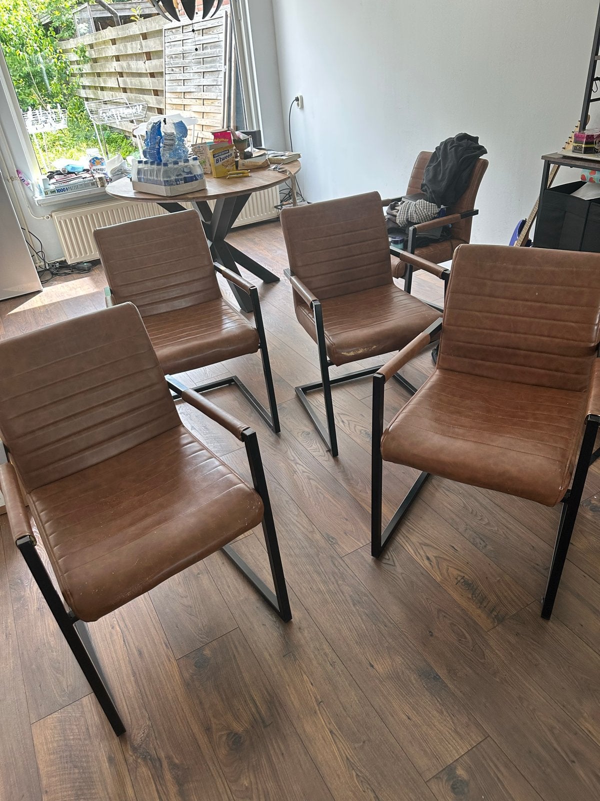 6X Cognac gekleurde eettafel stoelen - Gebruikt, Huis en Inrichting, Stoelen, Ophalen, Gebruikt, Bruin, Leer