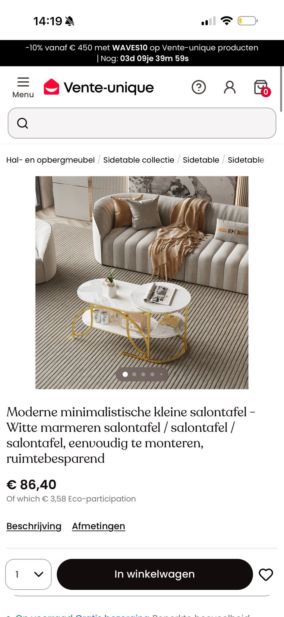 Nieuwe salontafel - witte marmerlook, goud frame, Huis en Inrichting, Tafels | Salontafels, Ophalen, 50 – 75, Minder dan 50 cm