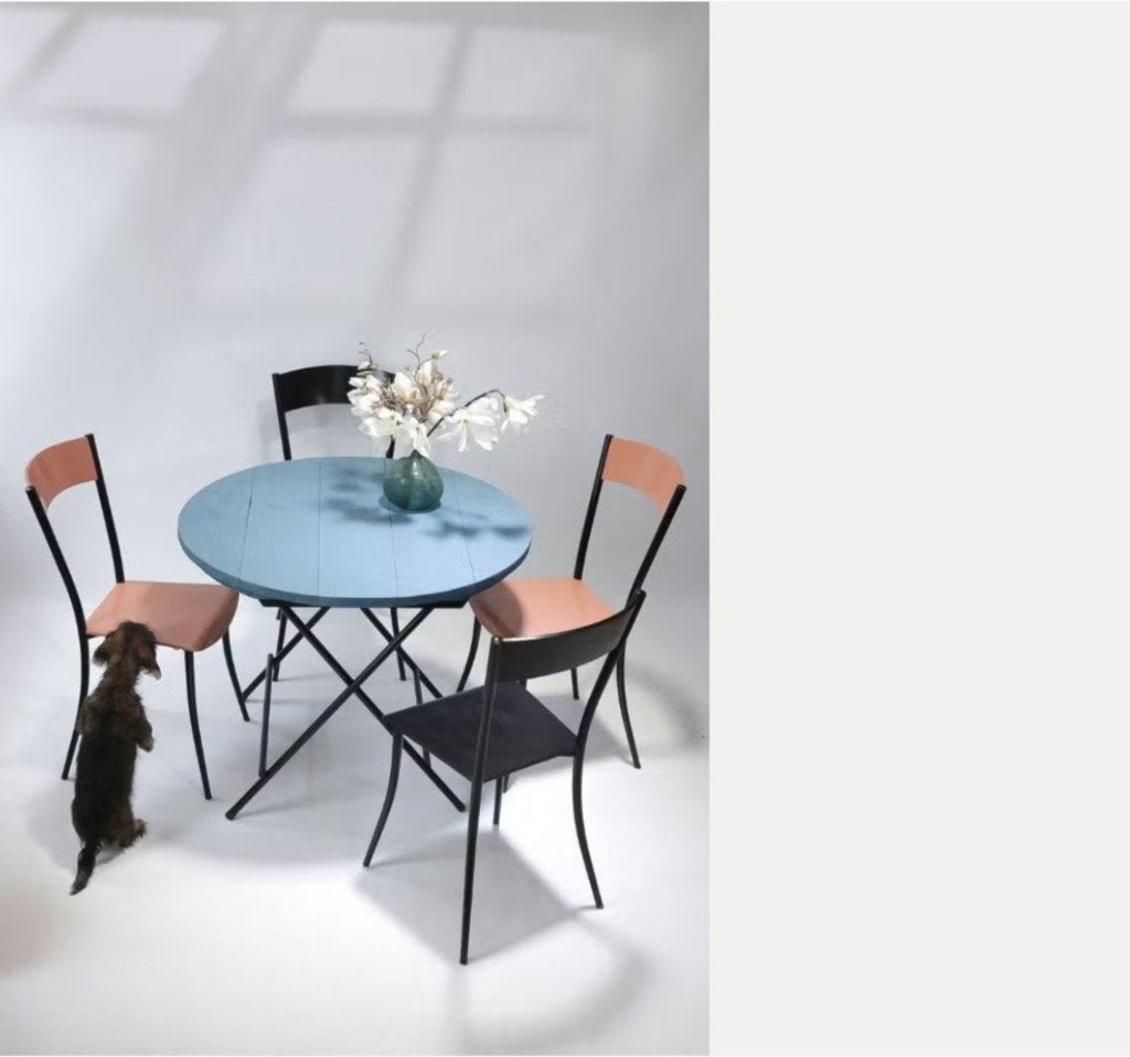 Franse Stijl Ronde Klaptafel Bistro Terrastafel Vaalblauw, Ophalen, Minder dan 55 cm, Gebruikt, Rond