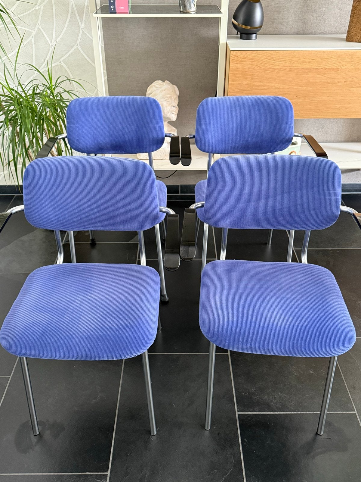 Set van 6 originele Gispen stoelen met armleuningen, Ophalen, Gebruikt, Blauw