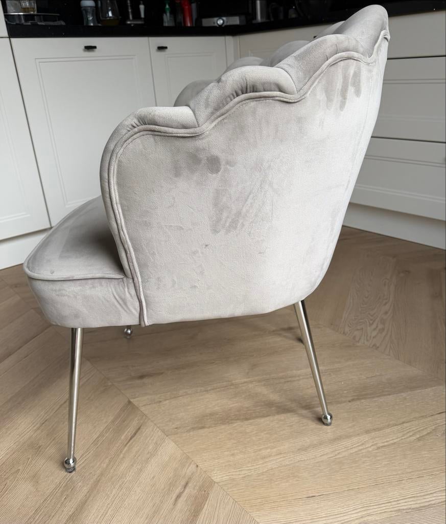 Stijlvolle Schelpen Stoel - taupe velvet 5 of 6 STUKS, Ophalen, Overige kleuren, Zo goed als nieuw, Stof