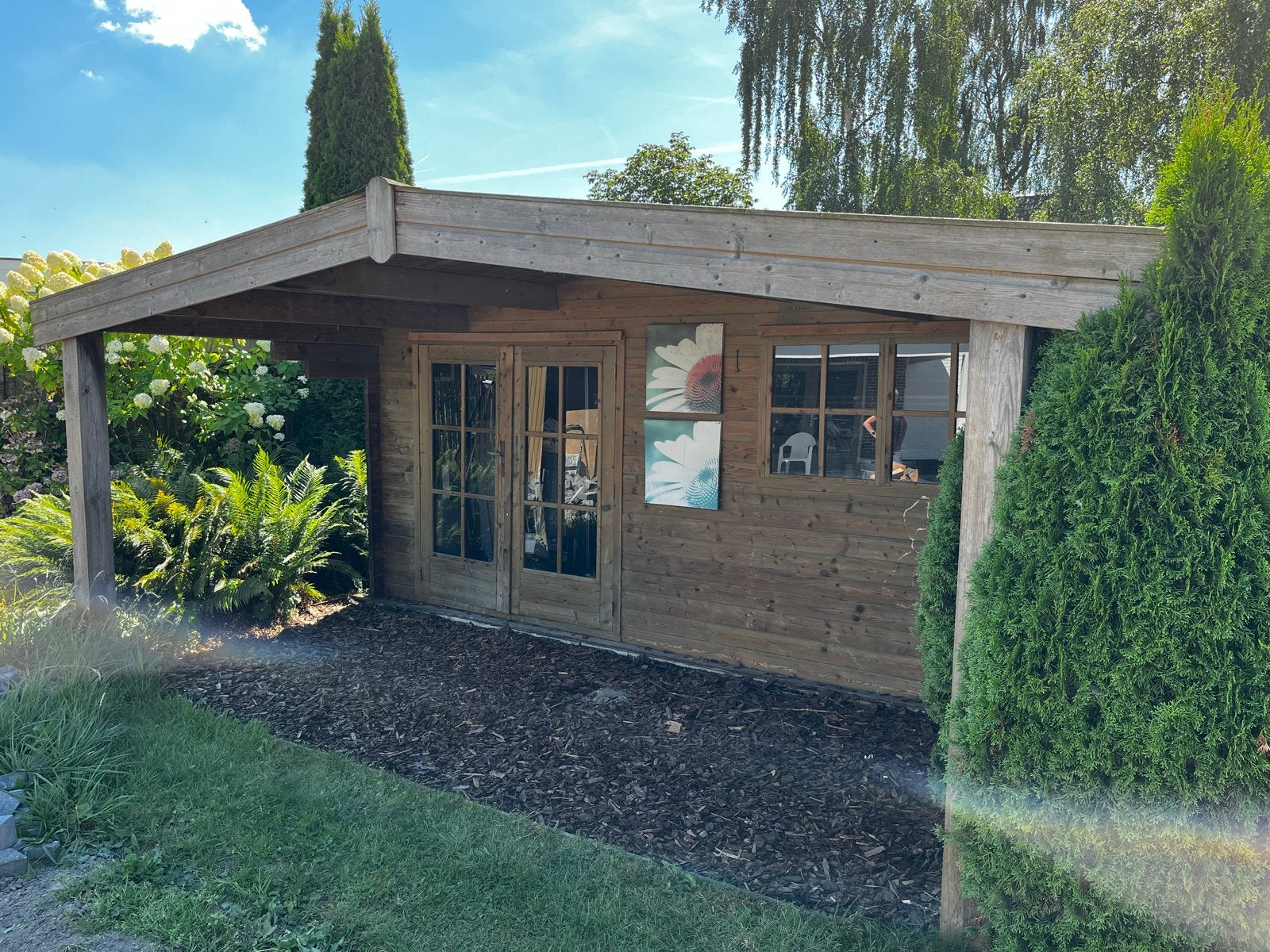 Mooi houten tuinhuis met overkapping, Tuin en Terras, Ophalen, Gebruikt, 400 cm of meer, 500 cm of meer