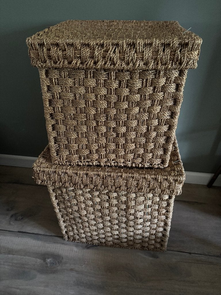 Te koop 2 grote rietenmanden, Ophalen, Met deksel, Mand, Vierkant