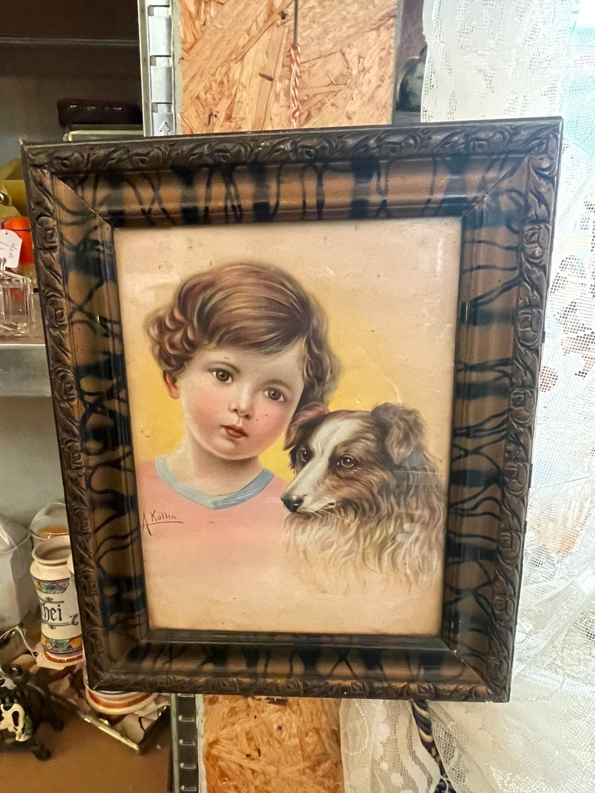 Mooi vintage schilderij van jongetje  met hond  van A.Kollin, Verzenden