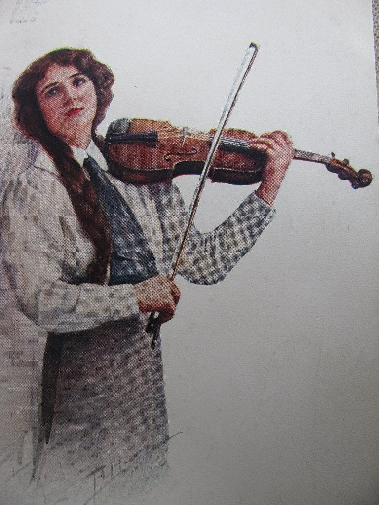 Antieke Gesigneerde Kaart uit 1914 - Dame met Viool, Verzenden, Voor 1920, Gelopen, Overige thema's
