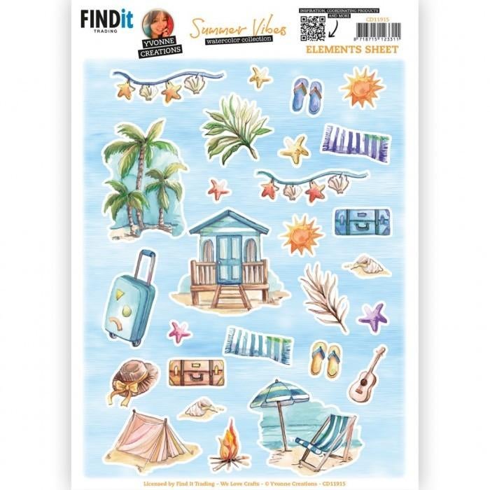 Yvonne Creations CD11915 Summer Vibes elementen knipvel A4, Hobby en Vrije tijd, Kaarten | Zelf maken, Nieuw, Knipvel, Overige thema's
