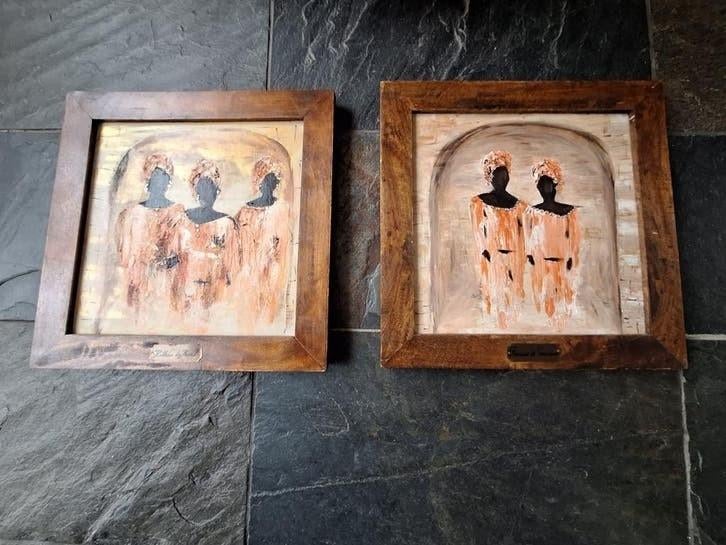 Twee vintage schilderijen met houten frame Afrikaanse dames, Ophalen of Verzenden