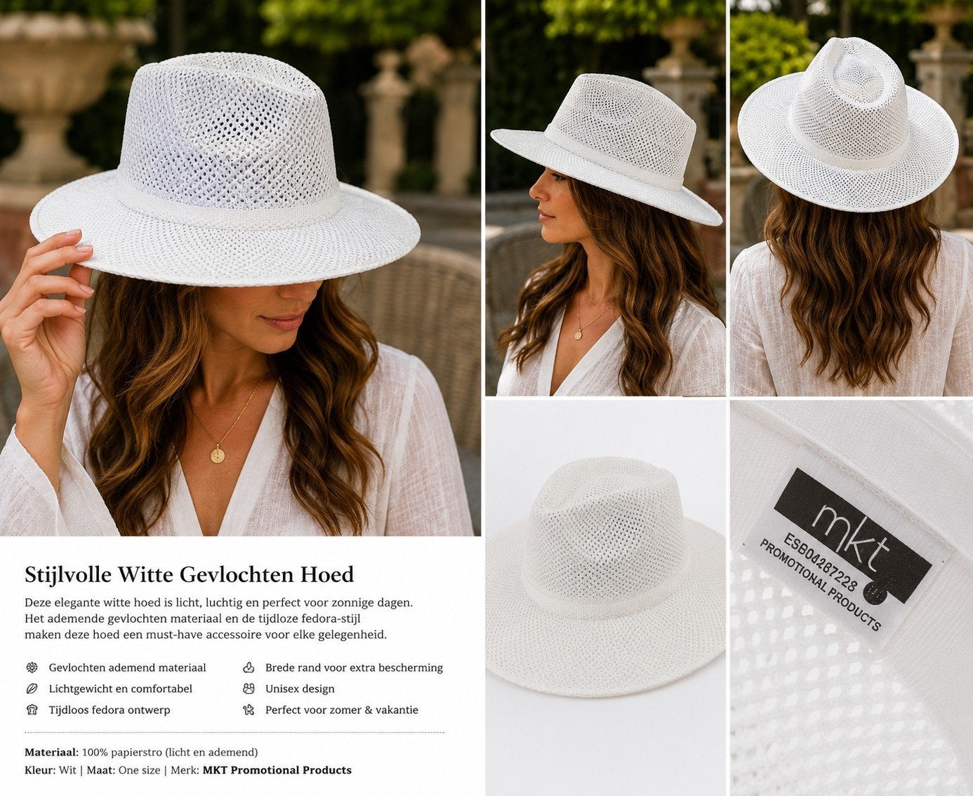 Stijlvolle Witte Gevlochten Fedora Hoed - Unisex, Hoed, Nieuw, MKT Promotional Products, One size fits all