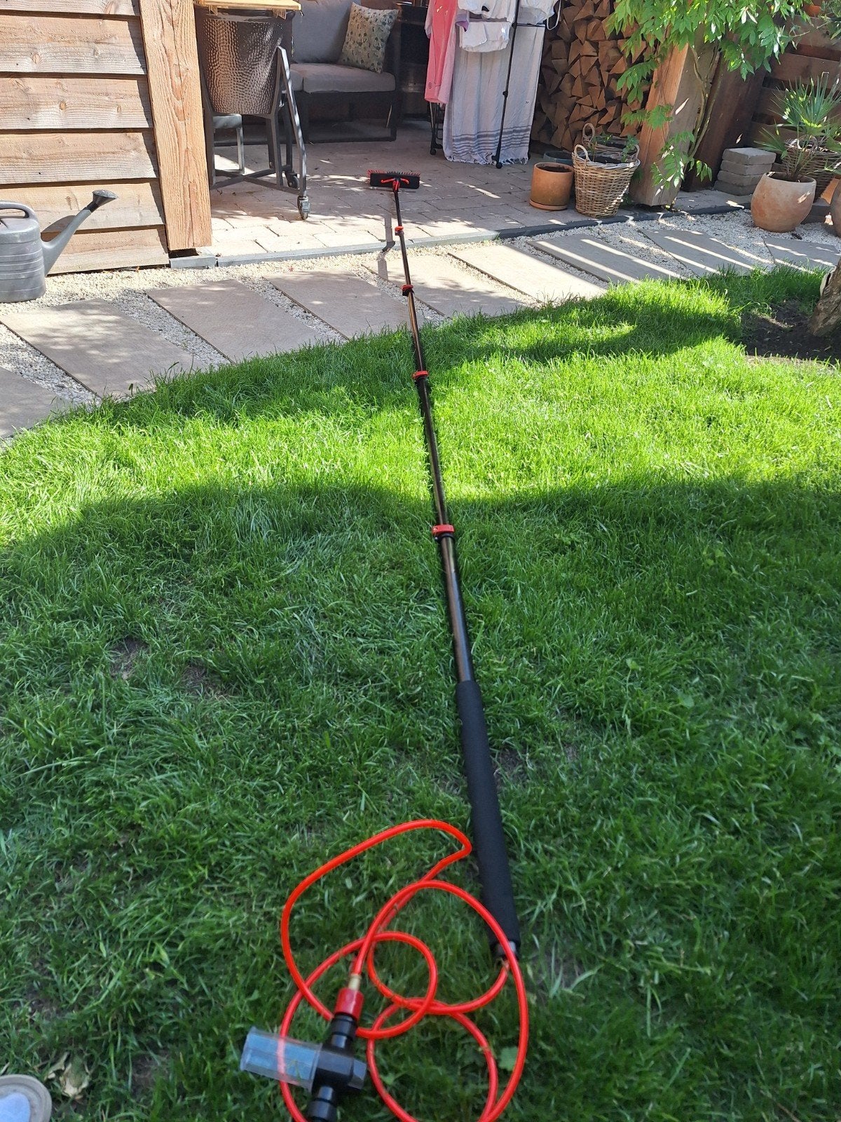 Telescopische Wasborstel 5 mtr met zeepdispenser, Ophalen, Zo goed als nieuw