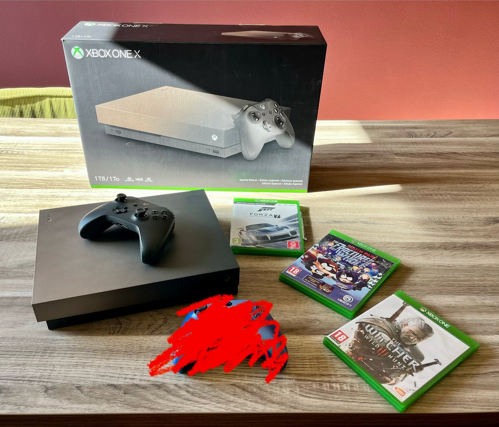 Xbox One X 1TB Gold Rush Special Edition + 1 controller + 3, Met games, Ophalen of Verzenden, Zo goed als nieuw, 1 TB