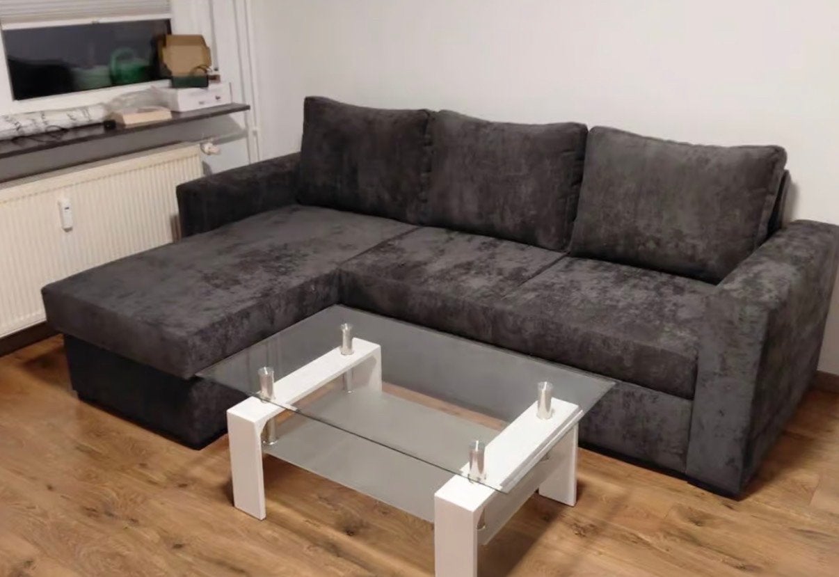 Moderne donkergrijze hoekbank met chaise longue, Ophalen, 150 tot 200 cm, Hoekbank, Nieuw
