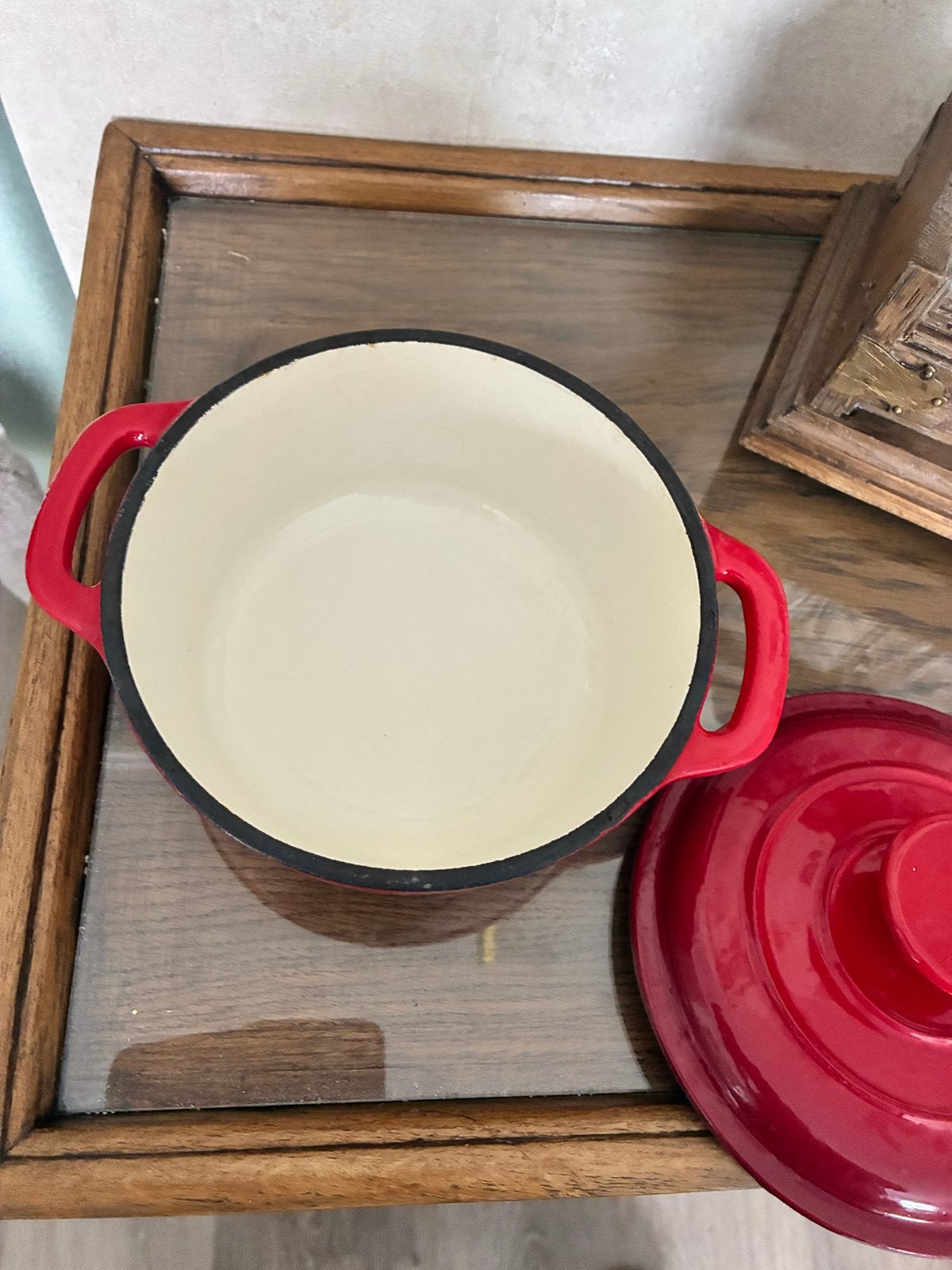 Geëmailleerde eenpersoons braadpan - Rood, Huis en Inrichting, Keuken | Potten en Pannen, Ophalen, Braadpan, Met deksel, Zo goed als nieuw