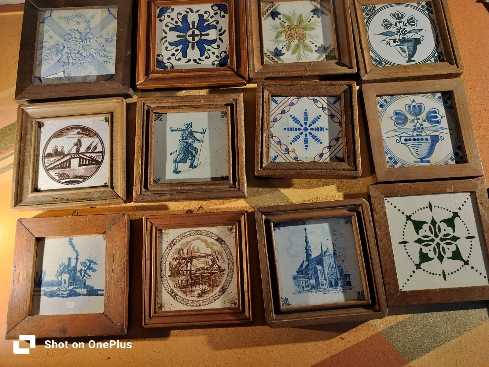Antieke Delfts Blauwe en Groene Tegels in Lijst, Antiek en Kunst, Ophalen