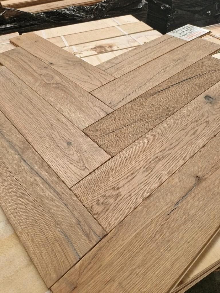 SALE! Eiken visgraat vloer verouderd geborsteld geolied!, Ophalen, Nieuw, 75 m² of meer, Parket