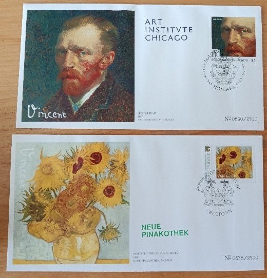 2x FDC Van Gogh (Zonnebloemen & Zelfportret), Ophalen of Verzenden, Gestempeld