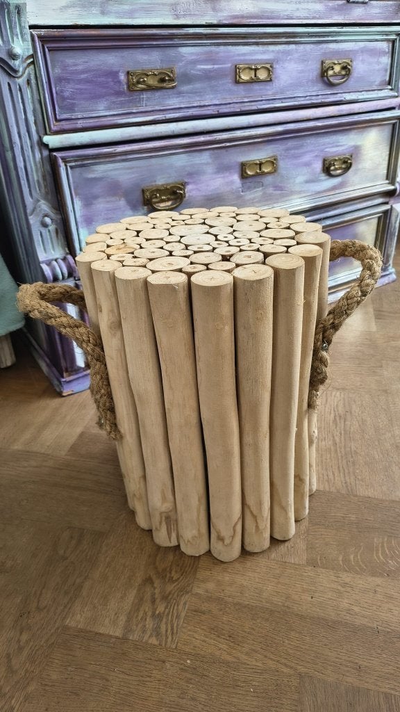 Decoratieve Houten Kruk/Bijzettafel met Touw Handvatten, Ophalen, Minder dan 45 cm, Minder dan 55 cm, Rustiek, Natuurlijk, Bohemian