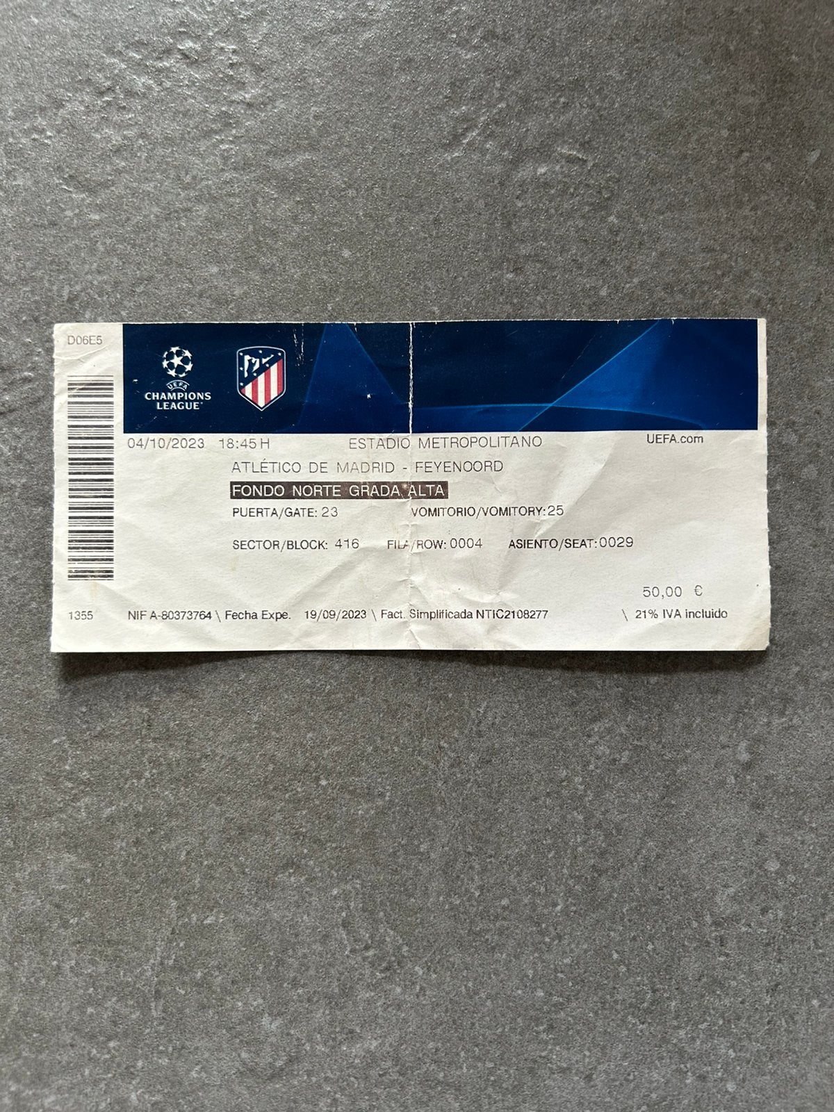 Atlético de Madrid - Feyenoord op 4 oktober 2023, Ophalen of Verzenden, Gebruikt, Feyenoord, Overige typen