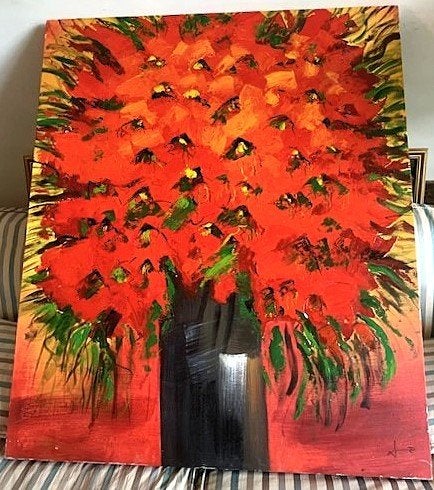 GROOT) Bloemenweelde ca. 1980 - Liesbet Bussche Antw./ A'dam, Antiek en Kunst, Doek, Expressionistisch, Olieverf, Gesigneerd