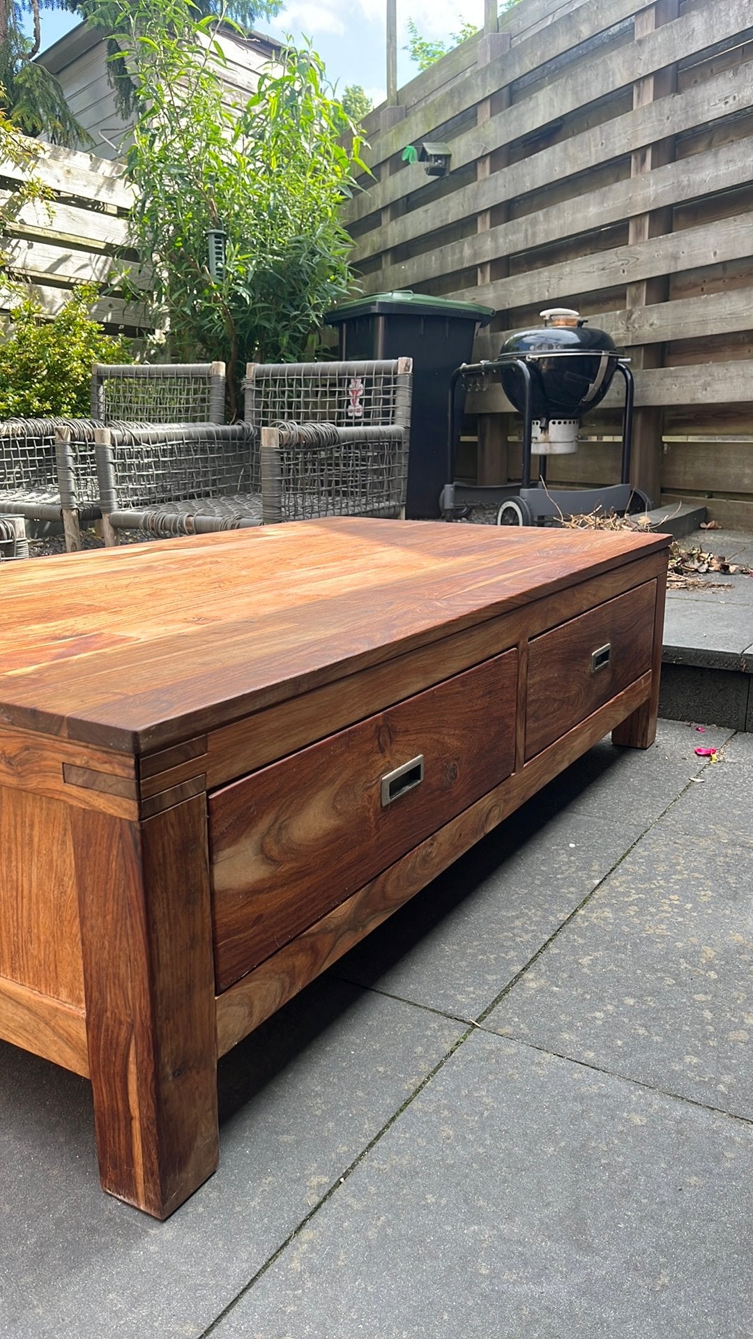 Massief teak houten salon tafel, tv meubel, Ophalen, 100 tot 150 cm, 50 tot 100 cm, Zo goed als nieuw