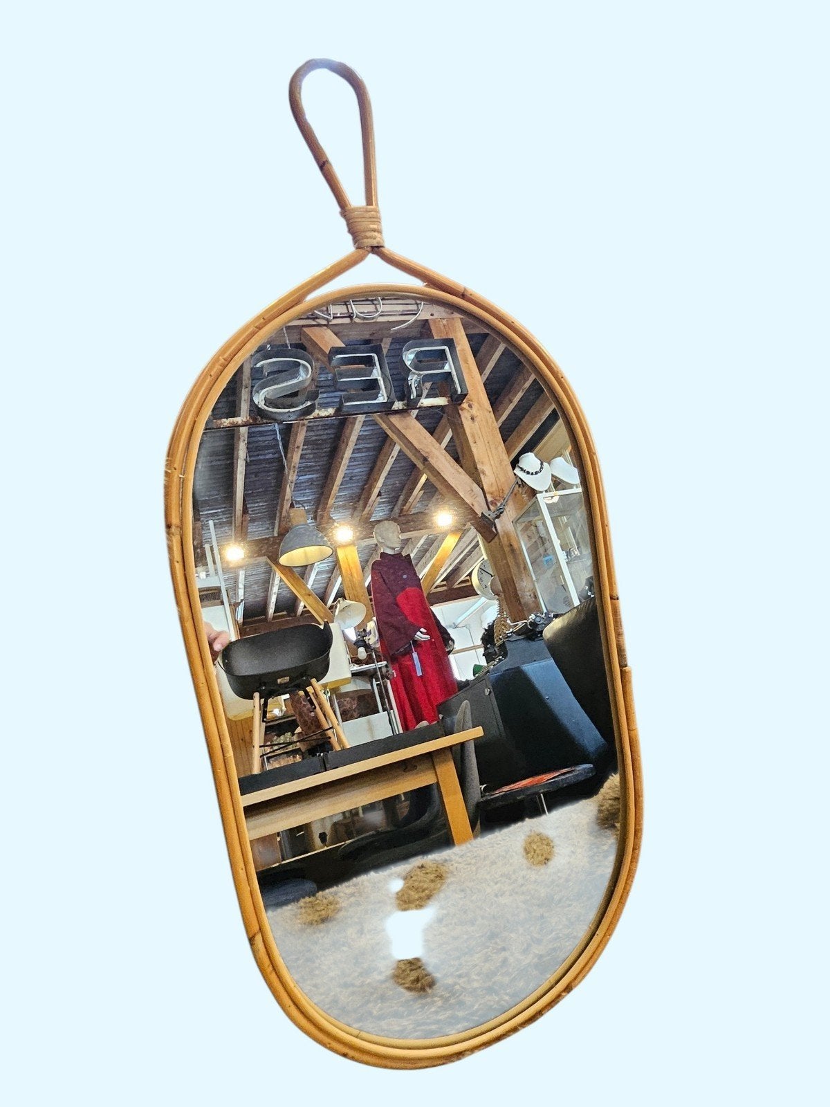 Vintage bamboe spiegel ovaal met handvat, Ophalen, Minder dan 50 cm, Gebruikt, Niet van toepassing