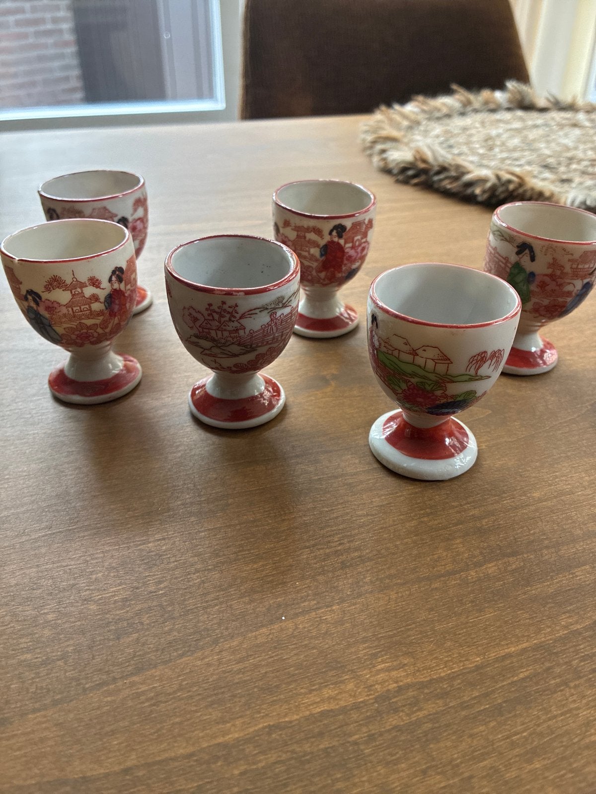 6x Japanse eierdopjes Handgeschilderd porselein Geisha, Huis en Inrichting, Keuken | Servies, Ophalen, Aziatisch, Gebruikt, Overige merken