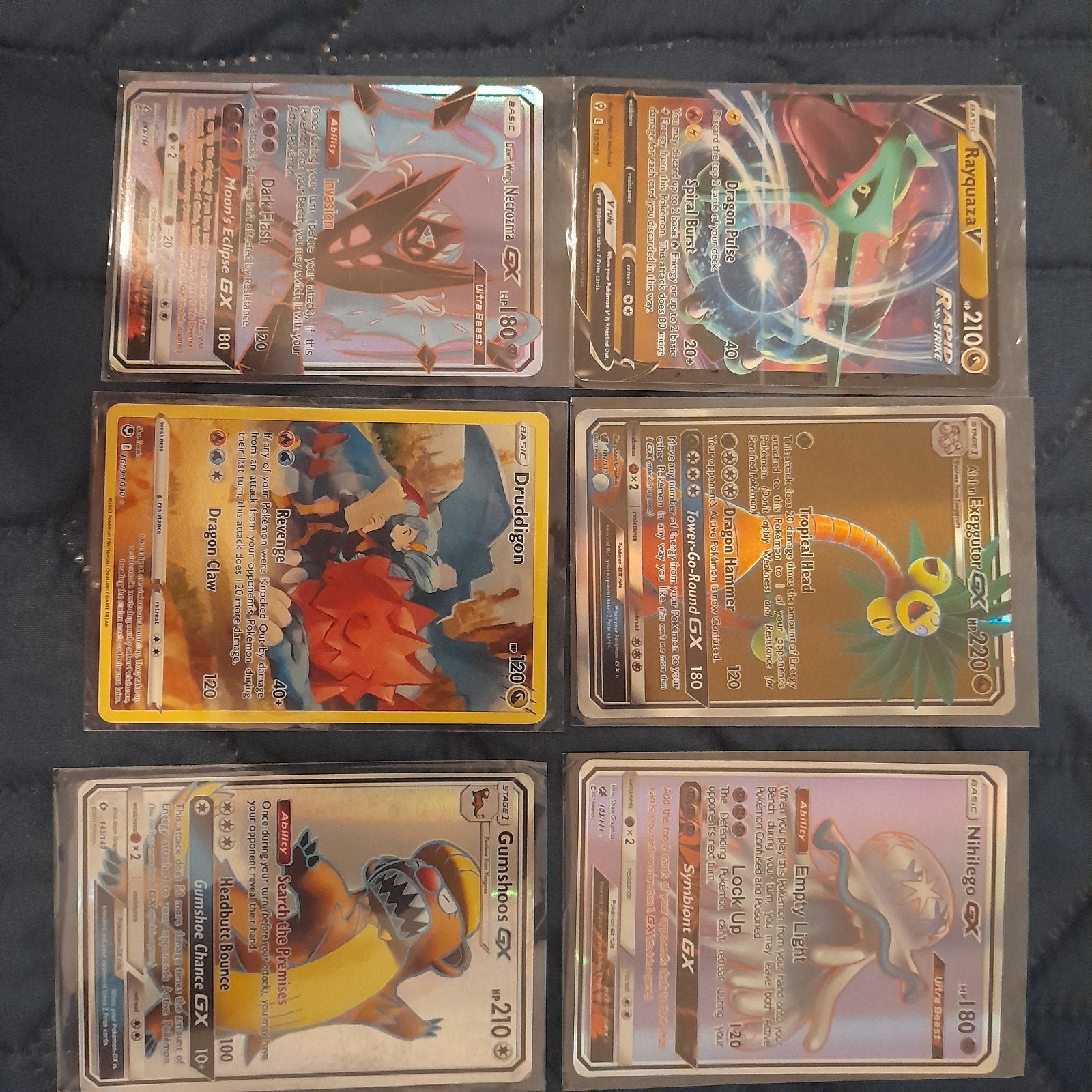 6 Pokémon kaarten: Rayquaza V, Druddigon, Gumshoos GX, Nihil, Ophalen of Verzenden