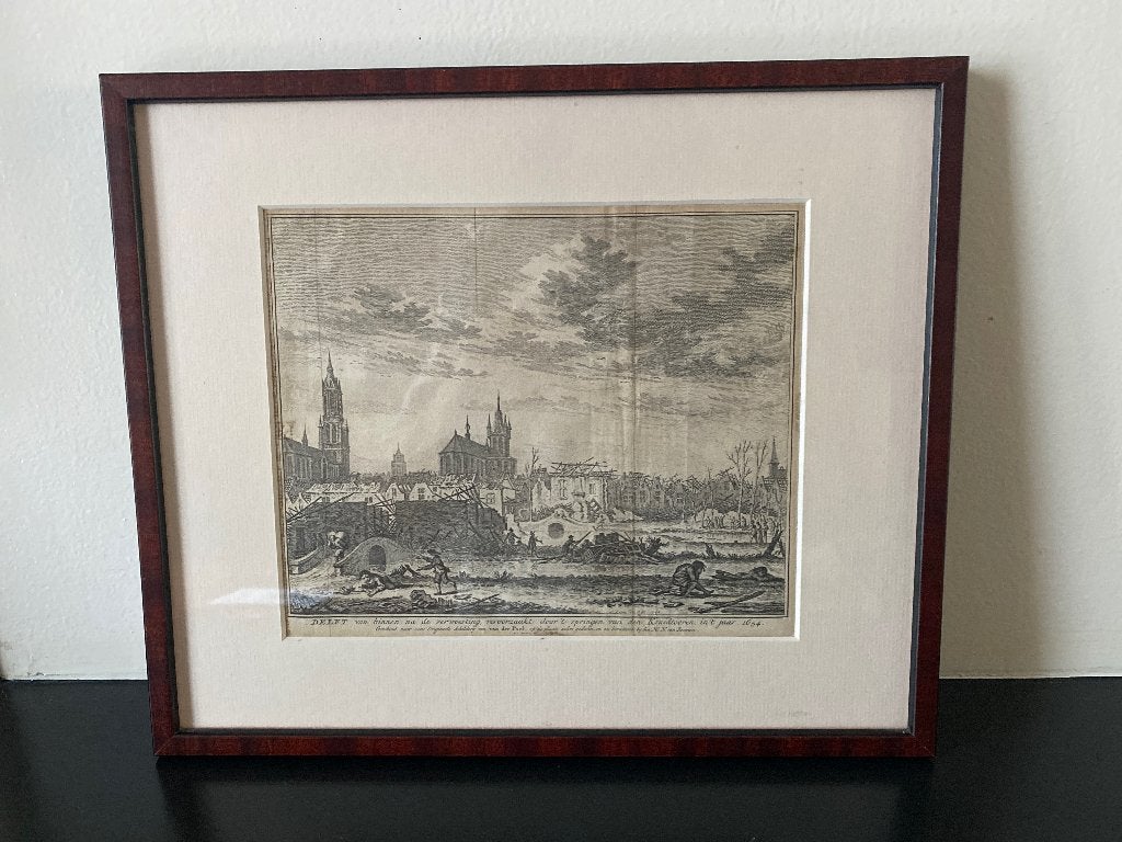 Delftse donderslag gravure, 25 cm, Met tekst, Stadsgezicht, Gravure