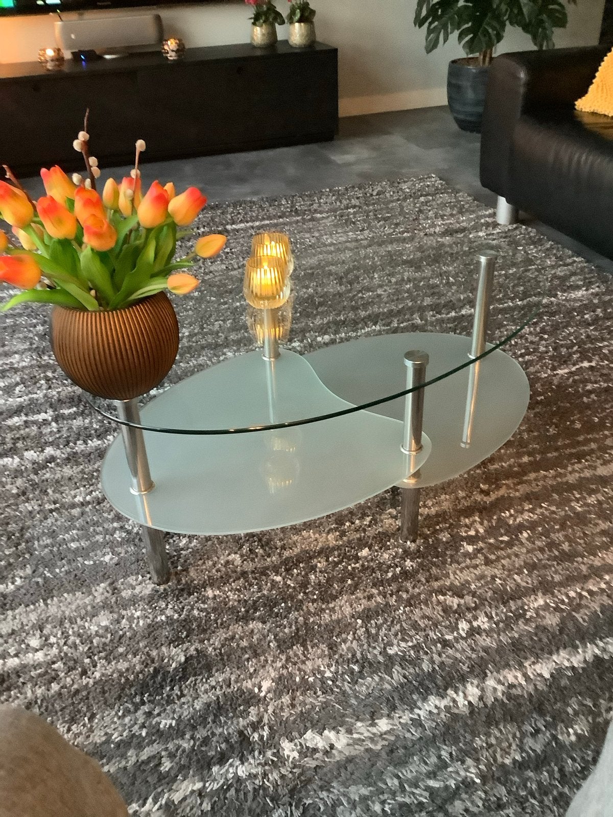 Elegante ovale glazen salontafel - 90x55x40 cm, Ophalen, 50 tot 100 cm, Ovaal, 5 – 50