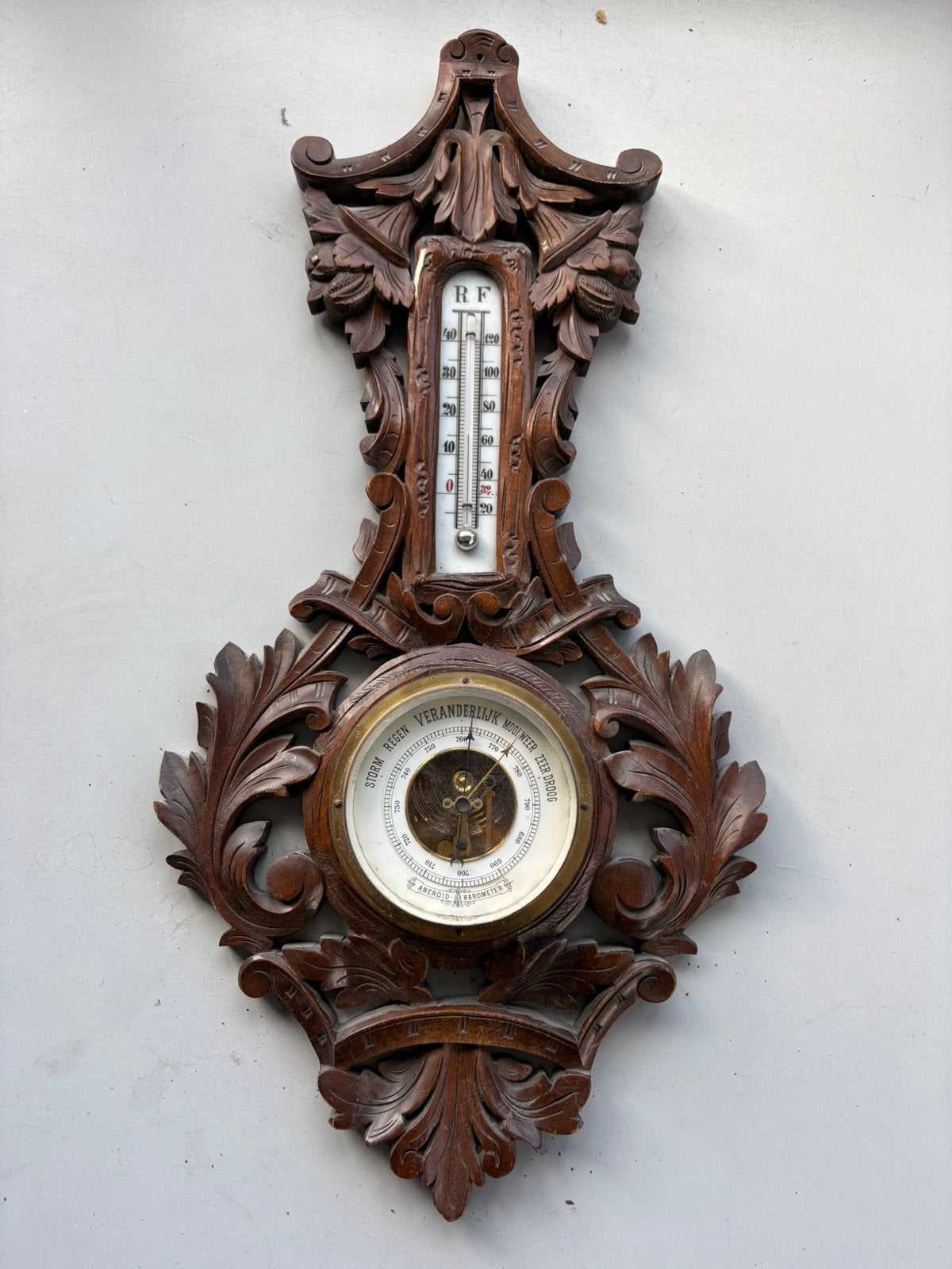 Antieke aneroïde barometer met thermometer houtsnijwerk, Verzenden, Gebruikt