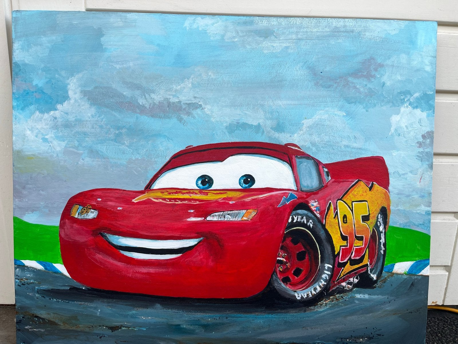 Handgeschilderd Schilderij Bliksem McQueen (Cars), Antiek en Kunst, Kunst | Schilderijen | Modern, Acrylverf, Handgeschilderd
