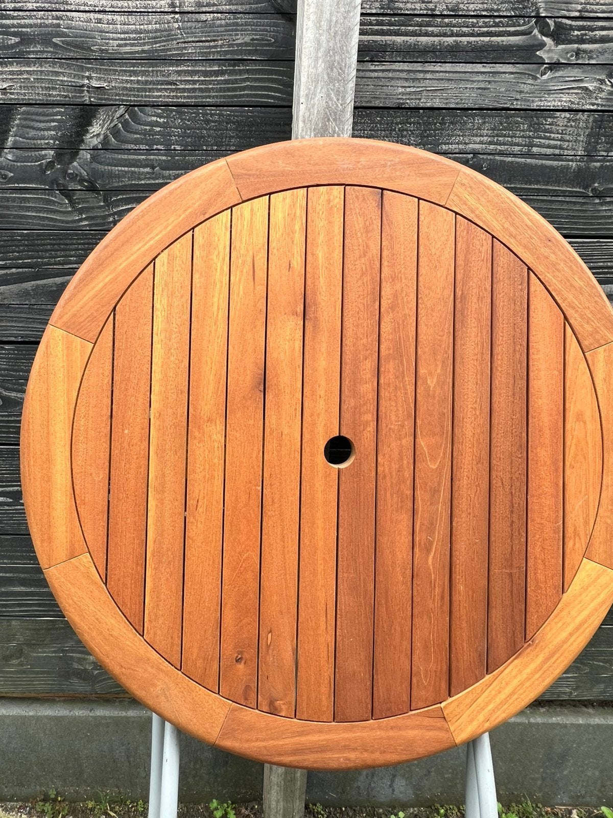 3 x een Teak houten sta-tafel, hoogte 110 cm ø 80 cm, Ophalen, Gebruikt, Rond, Teakhout