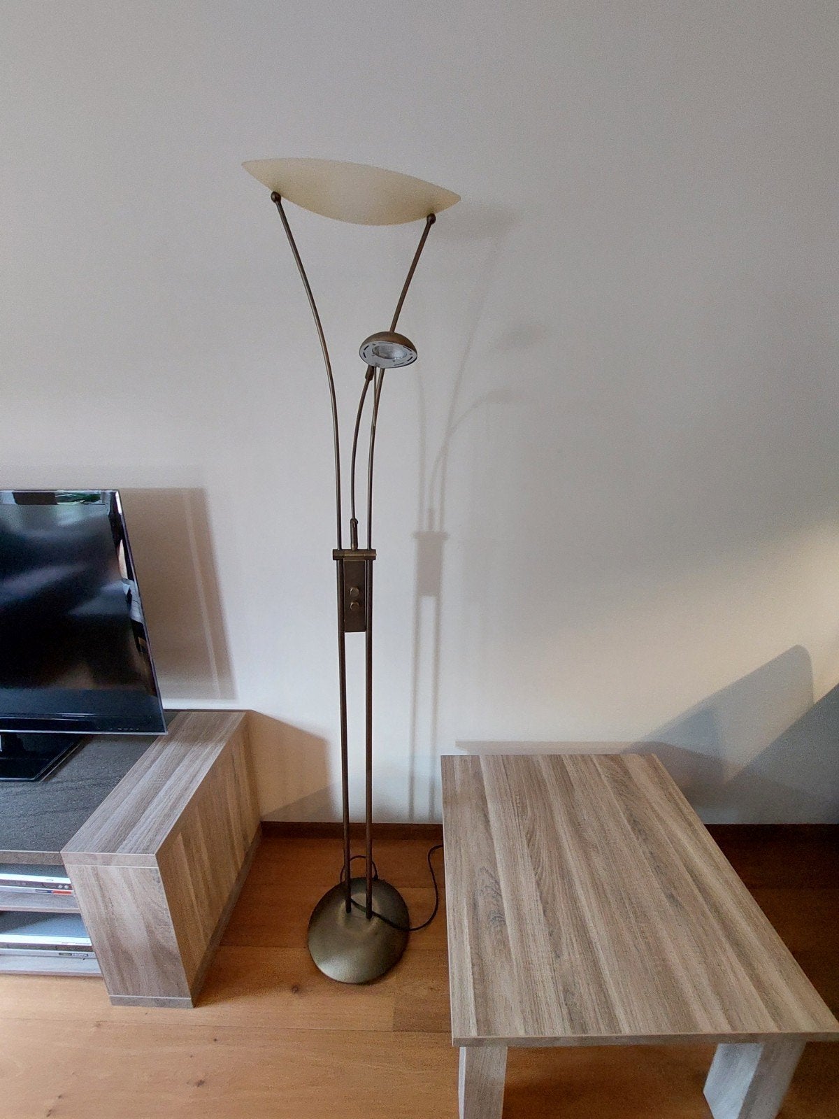 Vloerlamp / uplighter met leeslamp – brons – 185 cm hoog, Ophalen, Gebruikt, Glas, 150 tot 200 cm